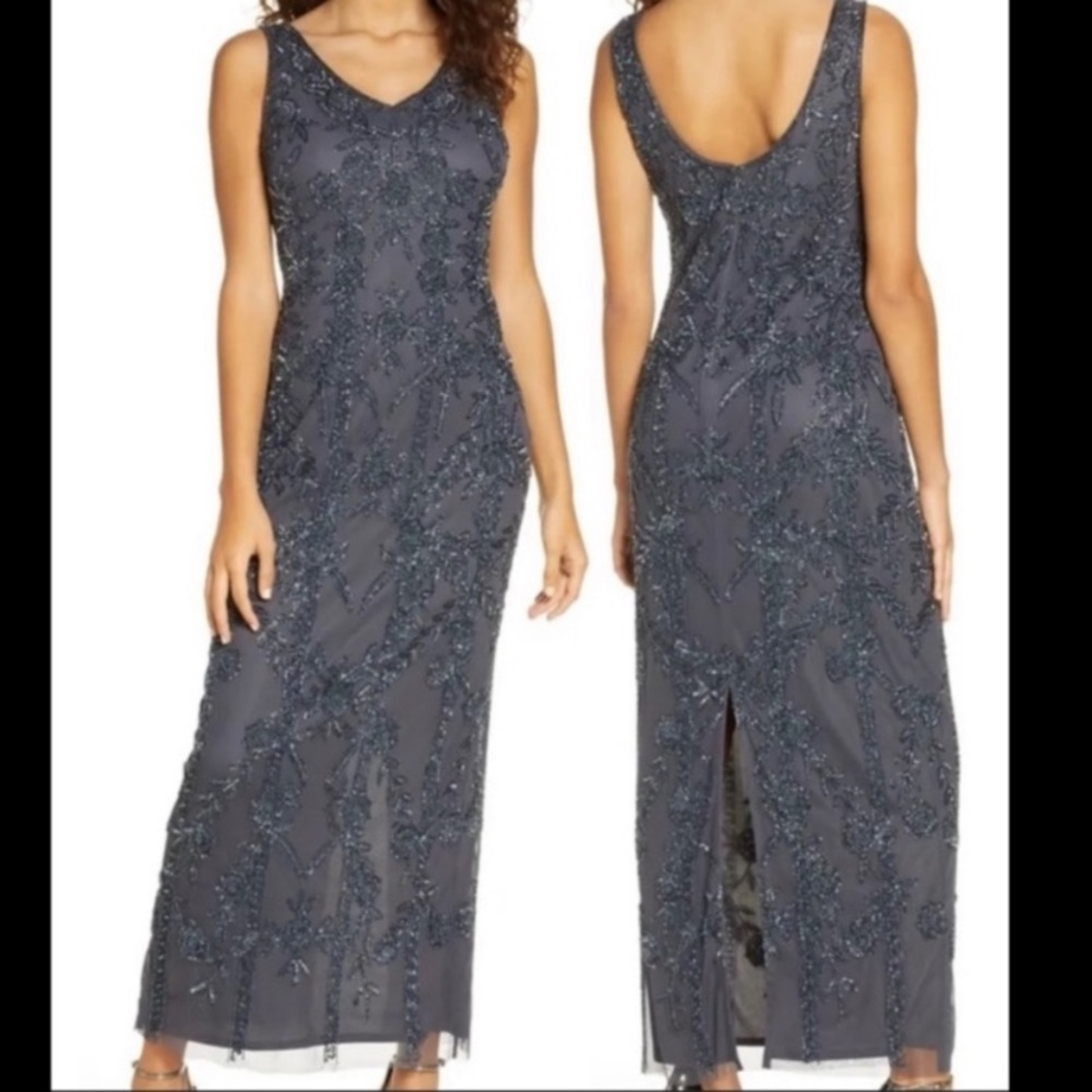 Pisarro Nights Gown Womens Size 12 Beaded V neck sleeveless Maxi Wedding Mesh